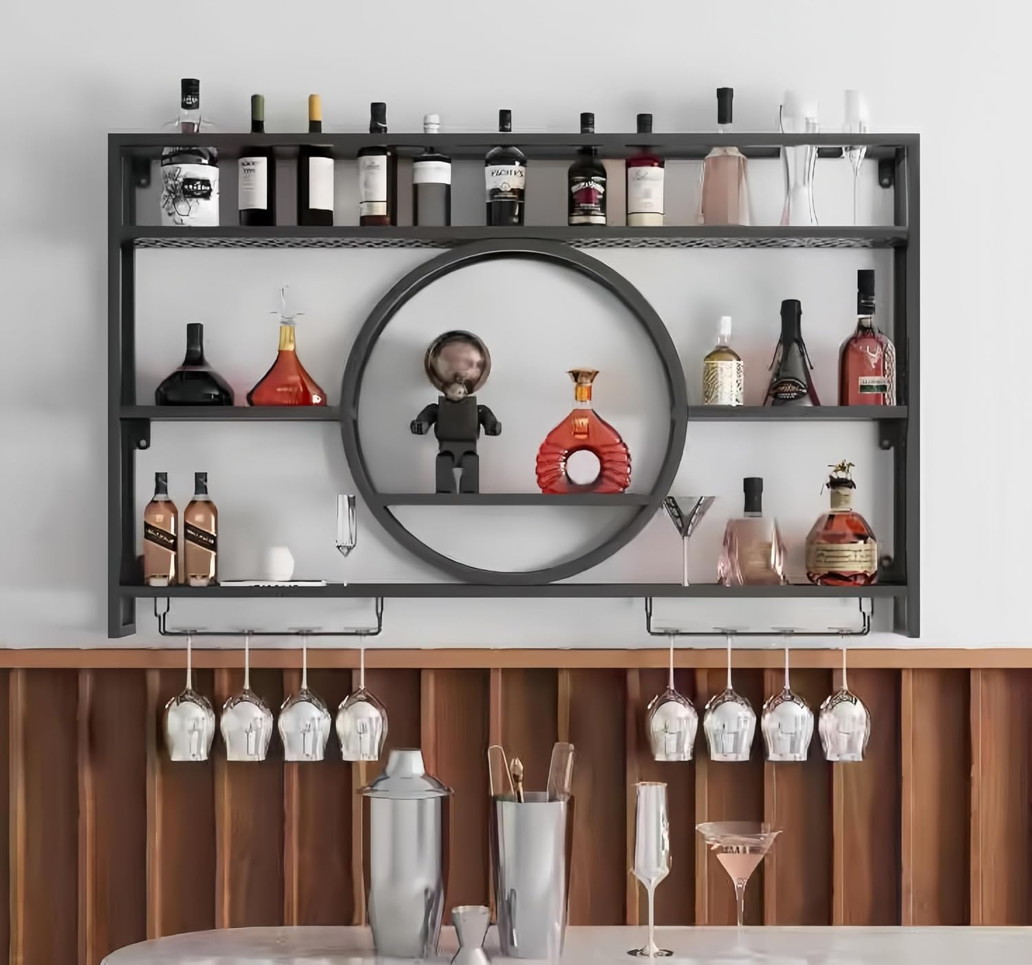 Home Bar Shelves - Siyah Metal Duvara Monte Şarap Saklama