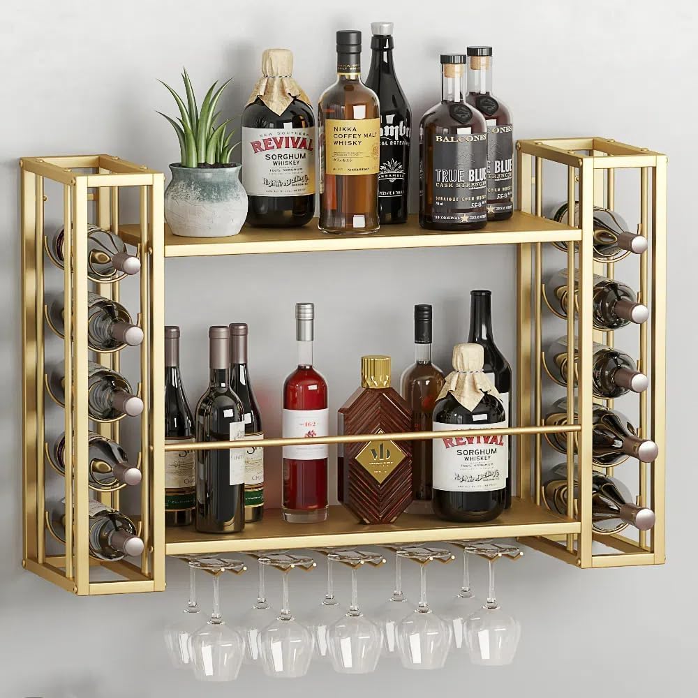 Home Bar Shelves - Duvara Monte Şarap Rafı, Şarap Kadehi
