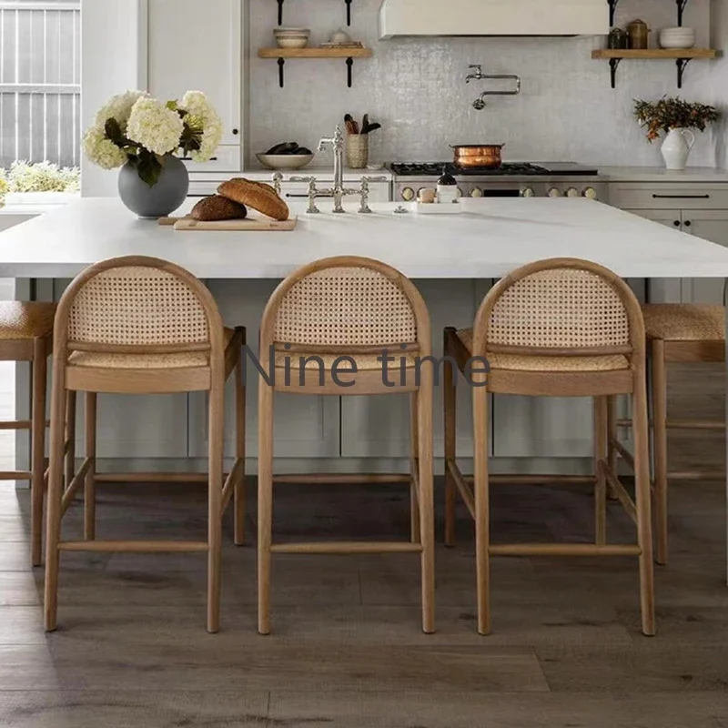 Home Bar Stools - Masif Ahşap Rattan Mutfak Bar Sandalyesi